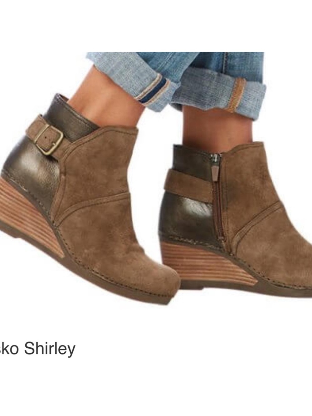 Dansko Taupe Suede Wedge Ankle Booties with Buckle Accent, 41, 10-10 1/2
